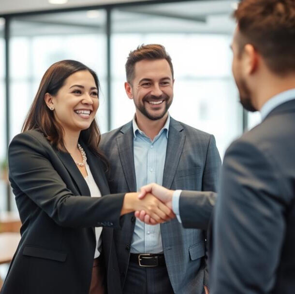 People in professional attire shaking hands with clients. E-DOGG Bail bonds in Vista, CA helping clients.