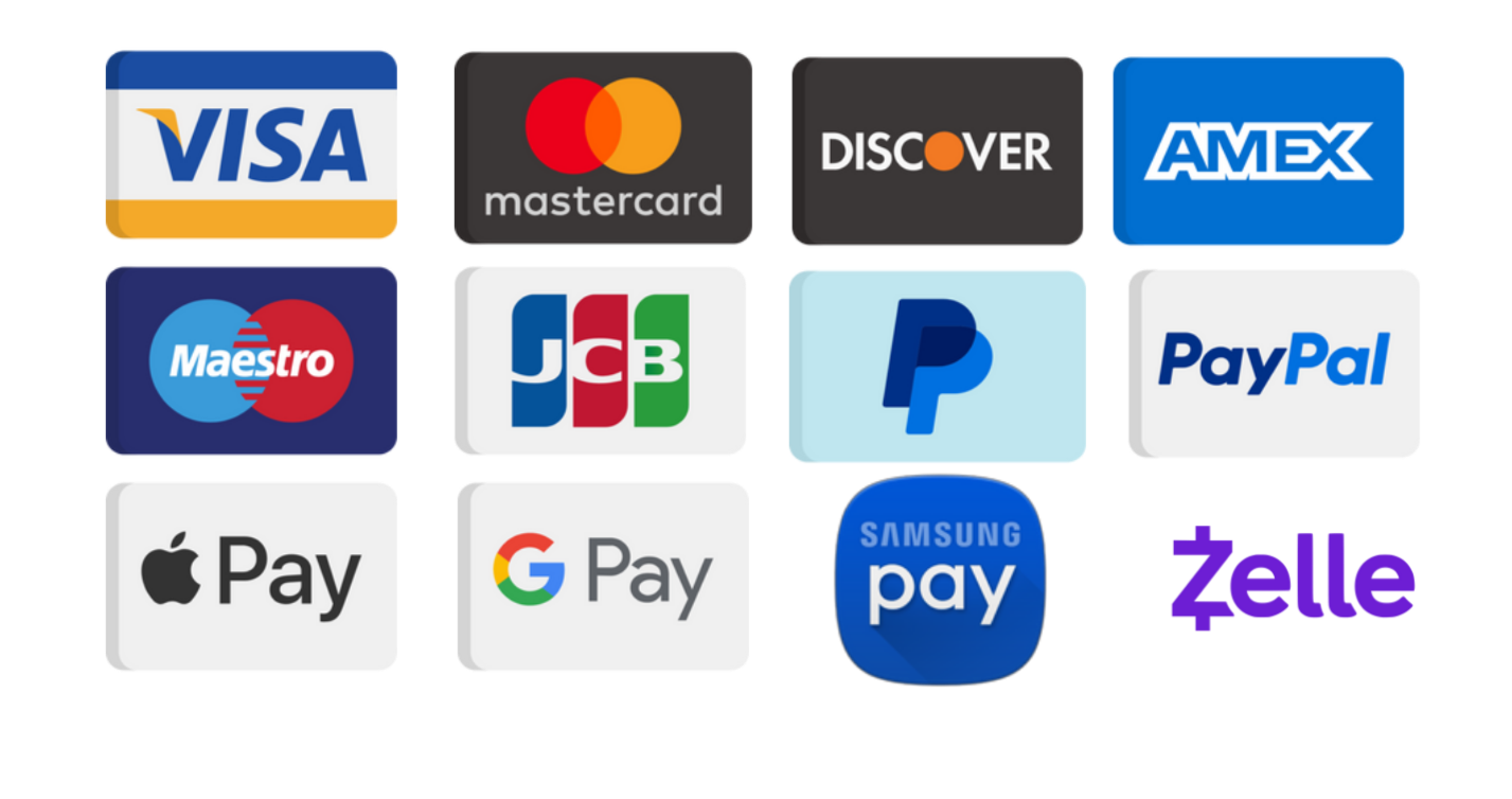 All major credit card and digital payment icons